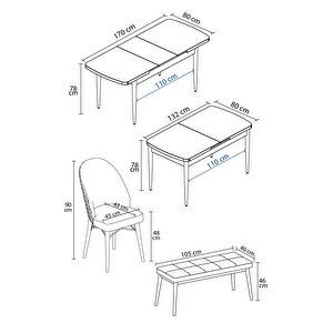 Calvin Meşe Desen 80x132 Açılabilir Mdf Masa Yemek Odası Takımı, Mutfak Takımı 4 Sandalye, 1 Bench
