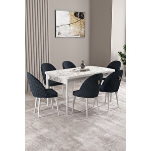 Milas Beyaz Mermer Desen 80x132 Açılabilir Mdf Masa Yemek Odası Takımı, Mutfak Takımı 6 sandalye Antrasit
