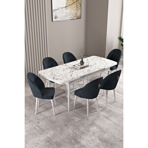 Milas Beyaz Mermer Desen 80x132 Açılabilir Mdf Masa Yemek Odası Takımı, Mutfak Takımı 6 sandalye Antrasit