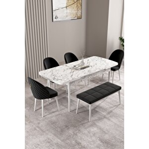 Milas Beyaz Mermer 80x132 Açılabilir Mdf Masa Yemek Odası Takımı, Mutfak Takımı 4 Sandalye, 1 Bench Siyah