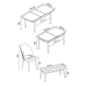 Milas Beyaz Mermer 80x132 Açılabilir Mdf Masa Yemek Odası Takımı, Mutfak Takımı 4 Sandalye, 1 Bench