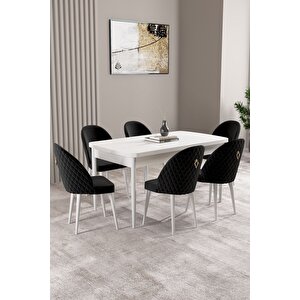 Milas Beyaz 80x132 Açılabilir Mdf Masa Yemek Odası Takımı, Mutfak Takımı 6 Adet Sandalye Siyah