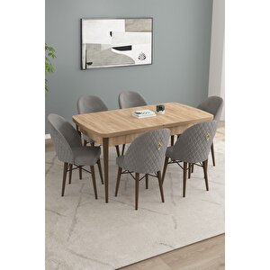 Calvin Meşe Desen 80x132 Açılabilir Mdf Masa Yemek Odası Takımı, Mutfak Takımı 6 Adet Sandalye Gri