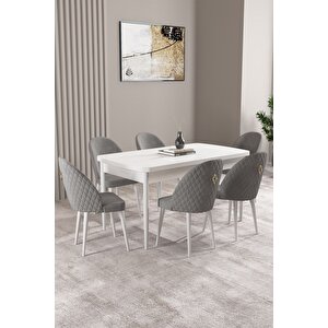 Milas Beyaz 80x132 Açılabilir Mdf Masa Yemek Odası Takımı, Mutfak Takımı 6 Adet Sandalye Gri
