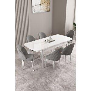 Milas Beyaz 80x132 Açılabilir Mdf Masa Yemek Odası Takımı, Mutfak Takımı 6 Adet Sandalye Gri
