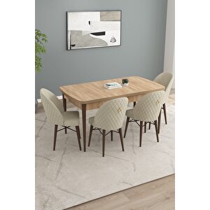 Calvin Meşe Desen 80x132 Açılabilir Mdf Masa Yemek Odası Takımı, Mutfak Takımı 4 Adet Sandalye Krem