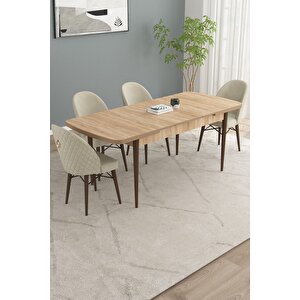 Calvin Meşe Desen 80x132 Açılabilir Mdf Masa Yemek Odası Takımı, Mutfak Takımı 4 Adet Sandalye Krem