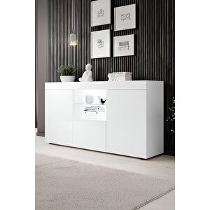 Konsol Led Aydınlatmalı Şık Büfe Katlanabilir Cam Raflı Modern Ve Zarif Konsol Beyaz Mat Elegant