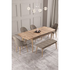 Calvin Atlantik 80x132 Açılabilir Mdf Masa Yemek Odası Takımı, Mutfak Takımı 4 Sandalye, 1 Bench Cappuccino