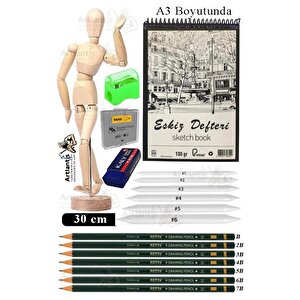 Ahşap İnsan Modeli 30 Cm A3 29,7 X 42 Cm Eskiz Defteri Dereceli Karakalem Seti Dağıtma Kalemi Hamur Silgi Kalemtraş
