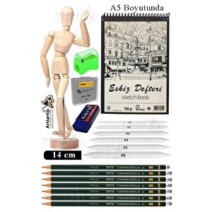 Ahşap İnsan Modeli 14 Cm A5 15x21cm Eskiz Defteri Dereceli Karakalem Seti Dağıtma Kalemi Hamur Silgi Kalemtraş