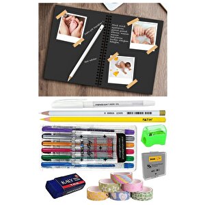 Telli Siyah Defter A5 40 Yaprak Eskiz Fotoğraf Albümü Simli Kalem Simli Bant Sarı Beyaz Kurşun Jel Kalem Sigi Kalemtraş