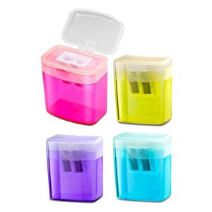 Kalemtıraş Çift Bıçaklı Hazneli 4 Renk 1 Paket Study Kare Kapaklı İki Bıçaklı Jumbo Kalemtraş Kalem Açaçagı Plastik