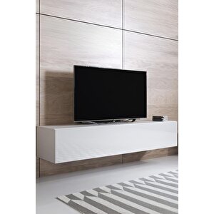 Modern Tv Ünitesi Duvara Monte Kapaklı Tv Sehpası Minimal Salon Raflı Depolama Ünitesi Beyaz 160cm