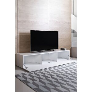 Modern Tv Ünitesi Duvara Monte Kapaklı Tv Sehpası Minimal Salon Raflı Depolama Ünitesi Beyaz 160cm
