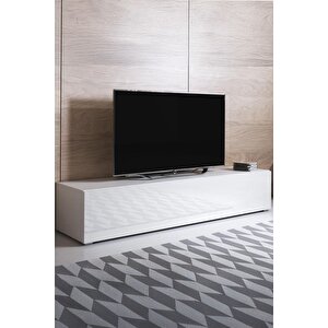 Modern Tv Ünitesi Duvara Monte Kapaklı Tv Sehpası Minimal Salon Raflı Depolama Ünitesi Beyaz 160cm