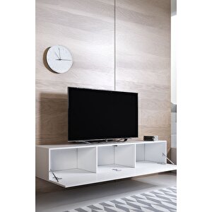 Modern Tv Ünitesi Duvara Monte Kapaklı Tv Sehpası Minimal Salon Raflı Depolama Ünitesi Beyaz 160cm