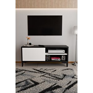 Modern Tv Ünitesi Kapaklı Raflı Tv Sehpası Salon İçin Minimal Tasarım Fonksiyonel Tv Dolabı Siyah-beyaz