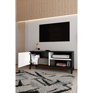 Modern Tv Ünitesi Kapaklı Raflı Tv Sehpası Salon İçin Minimal Tasarım Fonksiyonel Tv Dolabı Siyah-beyaz