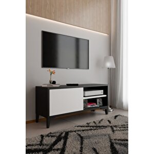 Modern Tv Ünitesi Kapaklı Raflı Tv Sehpası Salon İçin Minimal Tasarım Fonksiyonel Tv Dolabı Siyah-beyaz