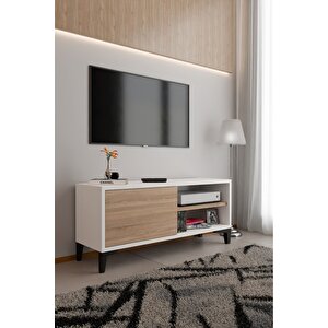 Modern Tv Ünitesi Kapaklı Raflı Tv Sehpası Salon İçin Minimal Tasarım Fonksiyonel Tv Dolabı