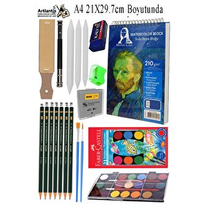Telli Suluboya Bloğu Kağıdı A4 210gr 20 Yaprak İnce Dokulu Gölgelendirme Zımpara 21 Renk Suluboya Dereceli Kalem Uzatma