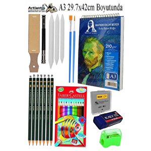 Telli Suluboya Bloğu Kağıdı A3 210gr 20 Yaprak İnce Dokulu Gölgelendirme Zımpara Aquarell Kuruboya Dereceli Kalem Uzatma