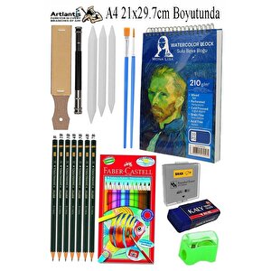 Telli Suluboya Bloğu Kağıdı A4 210gr 20 Yaprak İnce Dokulu Gölgelendirme Zımpara Aquarell Kuruboya Dereceli Kalem Uzatma