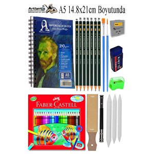 Telli Suluboya Bloğu Kağıdı A5 210gr 20 Yaprak Dokulu Gölgelendirme Zımpara 24 Renk Aquarell Kuruboya Dereceli Uzatma