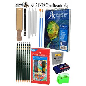 Telli Suluboya Bloğu Kağıdı A4 210gr 20 Yaprak İnce Dokulu Gölgelendirme Zımpara 12 Renk Suluboya Dereceli Kalem Uzatma
