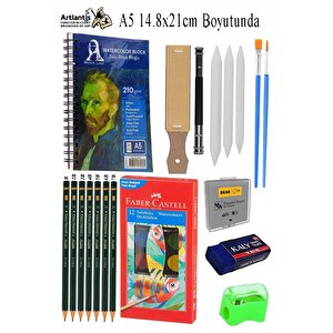 Telli Suluboya Bloğu Kağıdı A5 210gr 20 Yaprak İnce Dokulu Gölgelendirme Zımpara 12 Renk Suluboya Dereceli Kalem Uzatma