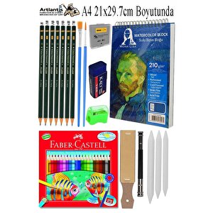 Telli Suluboya Bloğu Kağıdı A4 210gr 20 Yaprak Dokulu Gölgelendirme Zımpara 24 Renk Aquarell Kuruboya Dereceli Uzatma