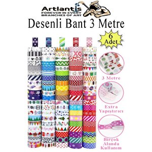 Renkli Desenli Bant 6 Adet 18mm X 3 Metre Dekoratif Desenli Bant Farklı Renklerde Gönderim Yapılmaktadır Desenli