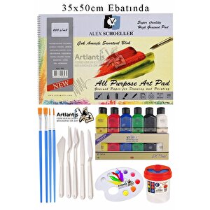Alex Schoeller Çok Amaçlı Sanatsal Blok 35x50 200 Gr 15 Yaprak Artdeco 75 Ml Akrilik Boya 6 Renk Plastik Spatula Fırça