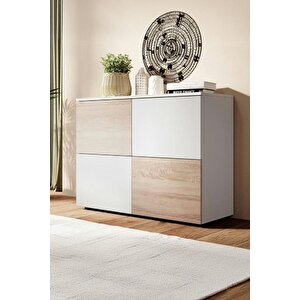 Konsol Modern 4 Kapaklı Bas Aç Sistemli Sonoma Beyaz Dekoratif Büfe Salon Mutfak Yemek Odası Raf