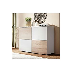 Konsol Modern 4 Kapaklı Bas Aç Sistemli Sonoma Beyaz Dekoratif Büfe Salon Mutfak Yemek Odası Raf