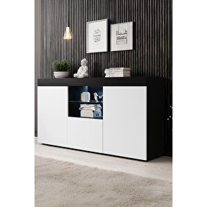 Konsol Led Aydınlatmalı Şık Büfe Cam Raflı Modern Ve Zarif Konsol Siyah Beyaz Elegant