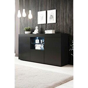 Konsol Led Aydınlatmalı Şık Büfe Katlanabilir Cam Raflı Modern Ve Zarif Konsol Siyah Mat Elegant