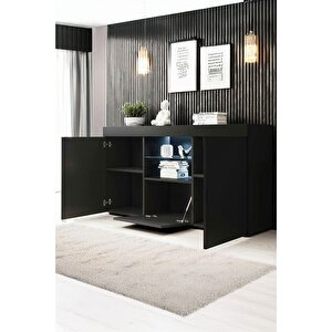 Konsol Led Aydınlatmalı Şık Büfe Katlanabilir Cam Raflı Modern Ve Zarif Konsol Siyah Mat Elegant