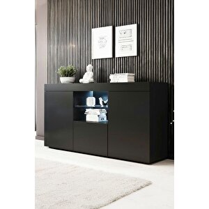 Konsol Led Aydınlatmalı Şık Büfe Katlanabilir Cam Raflı Modern Ve Zarif Konsol Siyah Mat Elegant