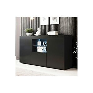 Konsol Led Aydınlatmalı Şık Büfe Katlanabilir Cam Raflı Modern Ve Zarif Konsol Siyah Mat Elegant