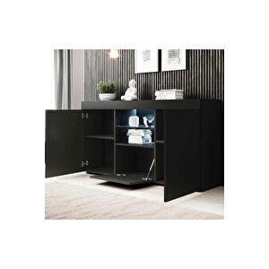 Konsol Led Aydınlatmalı Şık Büfe Katlanabilir Cam Raflı Modern Ve Zarif Konsol Siyah Mat Elegant