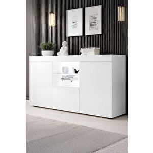 Konsol Led Aydınlatmalı Şık Büfe Katlanabilir Cam Raflı Modern Ve Zarif Konsol Beyaz Mat Elegant