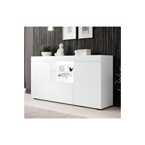 Konsol Led Aydınlatmalı Şık Büfe Katlanabilir Cam Raflı Modern Ve Zarif Konsol Beyaz Mat Elegant