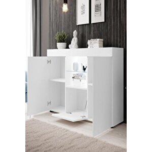 Konsol Led Aydınlatmalı Şık Büfe Katlanabilir Cam Raflı Modern Ve Zarif Konsol Beyaz Mat Elegant