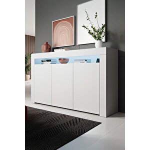 Konsol Led Aydınlatmalı Şık Büfe Katlanabilir Cam Raflı Modern Ve Zarif Konsol Beyaz Mat Elegant