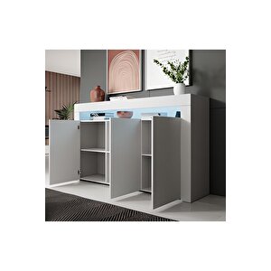 Konsol Led Aydınlatmalı Şık Büfe Katlanabilir Cam Raflı Modern Ve Zarif Konsol Beyaz Mat Elegant
