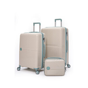 Exclusive Pro Polipropilen Kırılmaz 3'lü Valiz Seti Büyük - Orta Boy Ve Makyaj Çantası Bej - Mavi 5239