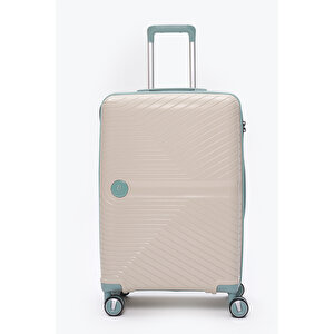 Exclusive Pro Polipropilen Kırılmaz 3'lü Valiz Seti Büyük - Orta Boy Ve Makyaj Çantası Bej - Mavi 5239