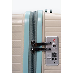 Elatae Exclusive Pro Polipropilen Kırılmaz 3'lü Valiz Seti Büyük - Orta Boy Ve Makyaj Çantası Bej - Mavi 5239